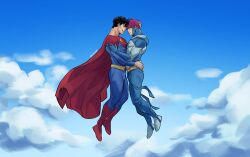 Rule 34 | 2boys, black hair, blonde hair, blue bodysuit, bodysuit, boots, cape, cloud, couple, dc comics, flying, highres, jay nakamura, jonathan kent, looking at another, male focus, melonnabar, multiple boys, red cape, short hair, sky, smile, superboy, superman (series), twitter username, two-tone bodysuit, yaoi