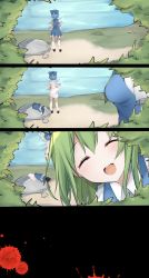 Rule 34 | ascot, blue bow, blue dress, blue hair, blush, bow, breasts, bush, cirno, unworn clothes, collared dress, daiyousei, dress, eyelashes, fairy wings, false smile, green hair, hair bow, hands on own hips, highres, ice, ice wings, karasusou nano, lake, large breasts, leaf, looking at viewer, one side up, open mouth, pinafore dress, puffy short sleeves, puffy sleeves, rock, short hair, short sleeves, side ponytail, skirt, sleeveless dress, smile, socks, standing, tongue, touhou, white legwear, white sleeves, wing collar, wings, yellow ascot