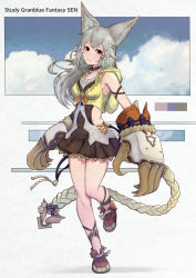 Rule 34 | 1girl, absurdly long hair, animal ear fluff, animal ears, bare shoulders, blue sky, braid, breasts, brown eyes, brown footwear, brown skirt, character name, claw (weapon), closed mouth, clothing cutout, cloud, cloudy sky, commentary, commentary request, copyright name, day, english commentary, erune, flower, granblue fantasy, grey hair, hair flower, hair ornament, highres, hood, hood down, hooded jacket, jacket, long hair, pleated skirt, sen (granblue fantasy), shoes, side cutout, single braid, skirt, sky, sleeveless, sleeveless jacket, small breasts, smile, solo, standing, standing on one leg, uneg, very long hair, weapon, white flower, yellow jacket