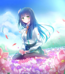 Rule 34 | 1girl, blue hair, blush, breasts, closed mouth, cloud, collared shirt, commentary request, day, dutch angle, field, flower, flower field, full body, green eyes, hair flower, hair ornament, hair over eyes, highres, holding, holding flower, kamishiro yuina, long hair, long sleeves, looking at viewer, medium breasts, mogupon, necktie, on ground, orange necktie, outdoors, pantyhose, petals, raramagi, shirt, sitting, skirt, sky, smile, solo, striped clothes, striped skirt, vertical-striped clothes, vertical-striped skirt, very long hair, wariza, white shirt, wind, wing collar