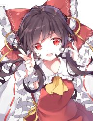 Rule 34 | 1girl, :d, ascot, bow, brown hair, detached sleeves, frilled bow, frilled shirt collar, frilled sleeves, frills, hair bow, hair tubes, hakurei reimu, hands up, jpeg artifacts, long hair, long sleeves, looking at viewer, open mouth, red bow, red eyes, red shirt, ribbon-trimmed sleeves, ribbon trim, risui (suzu rks), sarashi, shirt, simple background, skirt, skirt set, smile, solo, touhou, upper body, w, white background, wide sleeves, yellow ascot