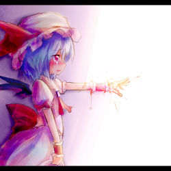 Rule 34 | 1girl, ayakashi (monkeypanch), bad id, bad pixiv id, bat wings, blood, blue hair, blush, crying, crying with eyes open, female focus, hat, letterboxed, outstretched arm, outstretched hand, profile, reaching, red eyes, remilia scarlet, short hair, sketch, solo, sunlight, tears, touhou, wings, wrist cuffs