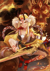 Rule 34 | 1girl, abcd6453, absurdres, bare shoulders, blonde hair, claws, fate/grand order, fate (series), feet, female focus, fire, highres, holding, holding sword, holding weapon, horns, ibaraki douji (fate), japanese clothes, kimono, long hair, looking at viewer, off shoulder, oni, oni horns, short kimono, sitting, solo, sword, weapon, wide sleeves, yellow eyes, yellow kimono