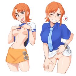 Rule 34 | 1girl, blue necktie, blue shirt, breasts, clothes lift, cropped legs, female pubic hair, grin, heart, highres, large breasts, miniskirt, nami (one piece), necktie, nipples, no bra, one piece, orange hair, orange skirt, pubic hair, pussy, rob ishi, shirt, shirt lift, short hair, skirt, smile, spoken heart, teeth, tongue, tongue out