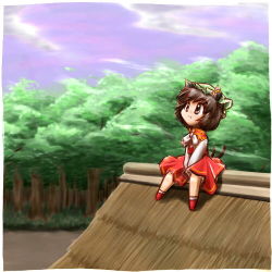 Rule 34 | 1girl, animal ears, brown eyes, brown hair, cat ears, cat girl, cat tail, chen, earrings, female focus, forest, green hat, hat, jewelry, lowres, multiple tails, nature, rooftop, short hair, sitting, solo, tail, touhou, tree