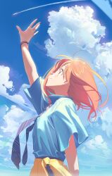 Rule 34 | 1girl, ahoge, arm behind back, arm up, blue necktie, blue shirt, blue sky, blush, bracelet, brown eyes, cardigan, cardigan around waist, closed mouth, clothes around waist, cloud, cloudy sky, collared shirt, contrail, cowboy shot, day, floating hair, from side, highres, jewelry, long hair, looking up, mole, mole under mouth, multicolored hair, necktie, open hand, orange hair, original, outdoors, outstretched arm, poligon (046), profile, reaching, red hair, school uniform, shirt, short sleeves, sky, smile, solo, two-tone hair, wind, yellow cardigan