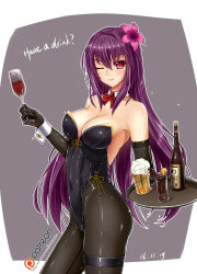Rule 34 | 1girl, alcohol, bare shoulders, beer, beer mug, black pantyhose, breasts, cleavage, collarbone, contrapposto, covered navel, cup, dated, detached collar, elbow gloves, english text, fate/grand order, fate (series), flower, foam, glass, gloves, hair flower, hair ornament, highleg, highleg leotard, highres, leotard, long hair, looking at viewer, midnight (banyex), mug, one eye closed, pantyhose, patreon, patreon username, playboy bunny, red eyes, scathach (fate), simple background, smile, solo, standing, thigh strap, type-moon, watermark, web address, wink, wrist cuffs