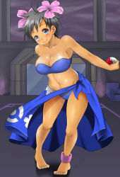 Rule 34 | 1girl, adahcm, alternate color, barefoot, black hair, blue eyes, blue sarong, blue tube top, blush, breasts, cleavage, closed mouth, creatures (company), dark-skinned female, dark skin, elite four, feet, female focus, game freak, hair ornament, highres, large breasts, lips, looking at viewer, navel, nintendo, phoebe (pokemon), poke ball, pokemon, pokemon rse, sarong, shiny skin, short hair, smile, solo, standing, strapless, thighs, tube top