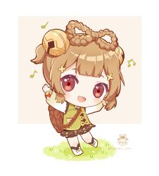 Rule 34 | 1girl, :d, absurdres, basket, bell, blunt bangs, braid, brown hair, chibi, chinese clothes, commentary request, genshin impact, hair between eyes, hair ornament, highres, long hair, long sleeves, looking at viewer, open mouth, orange eyes, outstretched arms, sidelocks, simple background, smile, solo, spread arms, tanukii don, yaoyao (genshin impact)