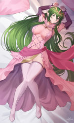 Rule 34 | 1girl, absurdres, artist name, bed, breasts, covered navel, detached sleeves, fire emblem, fire emblem: mystery of the emblem, full body, green eyes, green hair, hair between eyes, hair ornament, highres, large breasts, long hair, looking at viewer, lying, nagi (fire emblem), nintendo, on back, on bed, pillow, pointy ears, sakotach, smile, thighhighs, zettai ryouiki