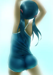 Rule 34 | 1girl, ahiruaoba, arm up, arms up, ass, black hair, cowboy shot, from behind, highres, long hair, one-piece swimsuit, original, solo, stretching, swimsuit, tanaka ahiru, twintails