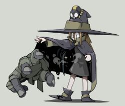 Rule 34 | 1girl, 1other, bags under eyes, bandaged arm, bandaged hand, bandages, black cloak, black dress, black eyes, black footwear, black headwear, black liquid, boots, breath, bright pupils, brown hair, bug, cloak, covered mouth, dress, eyes in shadow, fingernails, full body, glowing, glowing eye, glowing eyes, grey background, grey dress, hair between eyes, hat, high collar, highres, hongga, light brown hair, liquid, long hair, long sleeves, looking at another, looking at hand, monster, original, outstretched arm, portal (object), reaching, reaching towards viewer, redrawn, shaded face, shadow, simple background, spider, standing, steam, white pupils, wide brim, witch, witch hat