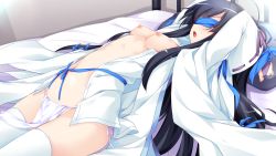 Rule 34 | 1girl, arched back, arms up, black hair, blindfold, blue ribbon, bound, bound wrists, breasts, fujiwara warawara, fundoshi, game cg, harukaze sensation!, highres, japanese clothes, kannagi isuzu, kimono, long hair, lying, nipples, on back, on bed, open clothes, open kimono, open mouth, panties, pillow, ribbon, ribbon-trimmed sleeves, ribbon trim, side-tie panties, small breasts, solo, thighhighs, underwear, very long hair, white kimono, white thighhighs
