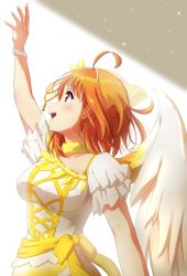 Rule 34 | 1girl, ahoge, angel wings, blush, breasts, choker, cross-laced clothes, earrings, frilled sleeves, frills, from side, fur choker, highres, jewelry, looking away, looking up, love live!, love live! sunshine!!, medium breasts, open mouth, orange hair, profile, qy73, red eyes, sash, short hair, short sleeves, smile, solo, takami chika, teeth, upper body, upper teeth only, veil, white wings, wings, wristband