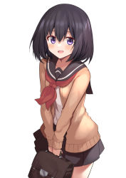 Rule 34 | 1girl, :d, bag, black hair, blush, briefcase, brown cardigan, brown sailor collar, brown skirt, cardigan, commentary request, cowboy shot, hair between eyes, highres, holding, holding bag, long sleeves, looking at viewer, mahcdai, medium hair, neckerchief, open cardigan, open clothes, open mouth, original, pleated skirt, purple eyes, red neckerchief, sailor collar, school briefcase, school uniform, shirt, simple background, skirt, smile, solo, standing, v arms, white background, white shirt