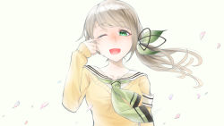 Rule 34 | 1girl, armband, blush, breasts, brown hair, cluseller, collarbone, crying, female focus, green eyes, green neckerchief, green ribbon, hair ribbon, hand up, happy, hinamizawa kurumi, long hair, looking at viewer, medium breasts, mole, mole under mouth, neckerchief, nose blush, one eye closed, open mouth, petals, pygmalion. (group), ribbon, sailor collar, school uniform, serafuku, shirt, side ponytail, simple background, smile, solo, straight-on, sweater, swept bangs, tears, tongue, upper body, virtual youtuber, white background, white sailor collar, white shirt, wind, wiping tears, yellow sweater