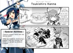 Rule 34 | 3girls, 4koma, alternate language, armor, bare shoulders, breasts, close-up, comic, cosmic break, dogeza, english text, from above, hair ornament, head down, headband, holding, holding weapon, japanese clothes, kougetsu kagura, miko, multiple girls, ninja, nontraditional miko, official art, ofuda, open mouth, polearm, rope, smile, spear, standing, talisman, text focus, tsukikage momiji, tsukishiro kanna, upper body, wakaba sprout, weapon, wooden floor, yin yang