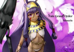 Rule 34 | 1girl, belly chain, bright pupils, character name, copyright name, dark skin, dark-skinned female, earrings, egyptian, egyptian clothes, facepaint, facial mark, fate/grand order, fate (series), from above, gold trim, hair spread out, hoop earrings, jewelry, long hair, looking at viewer, navel, nitocris (fate), purple eyes, purple hair, purple theme, solo, standing, usekh collar, very long hair, white pupils, yoshio (55level)