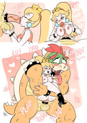Rule 34 | 1boy, 1girl, :d, absurdres, armlet, bare shoulders, black eyes, black footwear, blonde hair, blue eyes, blush, body blush, boots, bowser, bracelet, breasts, breasts squeezed together, caressing testicles, carrying, censored, choker, claws, closed eyes, cock ring, collarbone, crop top, cropped legs, crown, drooling, earrings, english text, erection, eyelashes, fellatio, funsexydragonball, furrowed brow, hair tie, half-closed eyes, hands on another&#039;s arms, happy sex, heart, hetero, high heel boots, high heels, highres, horns, interspecies, jewelry, large breasts, large penis, large testicles, legs apart, legs together, long hair, mario (series), moaning, mosaic censoring, motion lines, multiple views, nintendo, nipples, nostrils, nude, one eye closed, open mouth, oral, out of frame, paizuri, penis, pink background, pink choker, pink shirt, ponytail, princess peach, red hair, reverse suspended congress, scales, sex, sex from behind, sex toy, sharp teeth, shell, shirt, size difference, sleeveless, sleeveless shirt, smile, solid eyes, sound effects, spiked armlet, spiked boots, spiked bracelet, spiked cock ring, spiked footwear, spiked shell, spiked tail, spikes, standing, super mario bros. 1, tail, teeth, testicles, thick eyebrows, tongue, tongue out, torn clothes, torn shirt, upper teeth only, veins, veiny penis, white background
