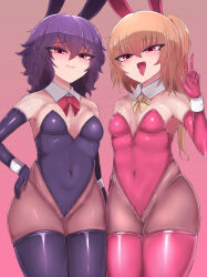 Rule 34 | 2girls, blonde hair, blue hair, blush, bmnmnbnbn, elbow gloves, flandre scarlet, gloves, grin, hand on own hip, highres, leotard, looking at viewer, menbo (ore menbou), multiple girls, naughty face, pink leotard, purple leotard, rabbit ears, red eyes, remilia scarlet, short hair, smile, thighhighs, tongue, tongue out, touhou, v