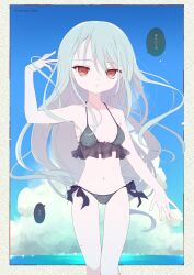 Rule 34 | 1girl, absurdres, arm up, bikini, black bikini, blue hair, blue sky, breasts, brown eyes, cloud, commentary request, expressionless, frilled bikini, frills, highres, horizon, long hair, looking at viewer, navel, nomura kitan, original, side-tie bikini bottom, sky, small breasts, solo, swimsuit, translation request, very long hair, water, wet