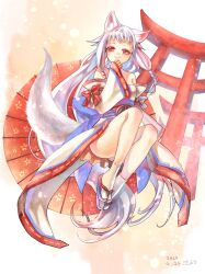 Rule 34 | 1girl, absurdres, animal ear fluff, animal ears, bare shoulders, bow, braid, breasts, closed mouth, convenient leg, dated, detached sleeves, floating, fox ears, fox girl, fox tail, full body, geta, grey hair, hand up, highres, invisible chair, japanese clothes, kimono, knees up, long hair, long sleeves, looking at viewer, obi, oil-paper umbrella, original, red bow, red eyes, ribbon-trimmed kimono, ribbon-trimmed sleeves, ribbon trim, sanshichi fu, sash, short kimono, side braid, sidelocks, sitting, small breasts, smile, snowing, socks, solo, tabi, tail, torii, twin braids, umbrella, very long hair, white socks, wide sleeves
