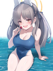 Rule 34 | 1girl, animal ears, bare arms, bare legs, bare shoulders, blue archive, blue one-piece swimsuit, blush, breasts, brown eyes, brown hair, candy, cleavage, collarbone, covered navel, cowboy shot, fake animal ears, fang, food, fuyu no usagi, halo, highres, holding, holding candy, holding food, large breasts, long hair, looking at viewer, moe (blue archive), one-piece swimsuit, open mouth, rabbit ears, school swimsuit, sitting, skin fang, smile, solo, swimsuit, twintails, water, yellow halo