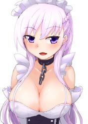 Rule 34 | 1girl, areola slip, azur lane, bare shoulders, belfast (azur lane), blush, braid, breasts, chain, cleavage, collar, collarbone, commentary request, corset, covered erect nipples, daierie, dress, elbow gloves, french braid, frilled dress, frills, gloves, large breasts, long hair, looking at viewer, maid, maid headdress, purple eyes, silver hair, simple background, sleeveless, sleeveless dress, solo, upper body, white gloves