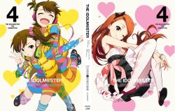 Rule 34 | 3girls, argyle, argyle clothes, argyle legwear, asymmetrical bangs, asymmetrical legwear, bracelet, brown eyes, brown hair, cable, closed eyes, cover, dress, dvd cover, futami ami, futami mami, grin, hair ribbon, hairband, headphones, heart, idolmaster, idolmaster (classic), jacket, jewelry, long hair, minase iori, mismatched legwear, multicolored clothes, multicolored legwear, multiple girls, nishigori atsushi, official art, one eye closed, open mouth, outstretched arm, pantyhose, patterned legwear, polka dot, polka dot legwear, puffy vest, red eyes, ribbon, shirt, shoes, short hair, siblings, side ponytail, sisters, sitting, smile, star (symbol), star print, striped clothes, striped legwear, striped shirt, striped thighhighs, stuffed animal, stuffed rabbit, stuffed toy, thighhighs, twins, v, wink, wire