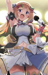 Rule 34 | 1girl, aki rosenthal, armlet, armpits, arms up, belt, blonde hair, blue eyes, bow, bow skirt, breasts, cowboy shot, detached hair, flower, gloves, hair flower, hair ornament, halterneck, headgear, highres, holding, holding microphone, hololive, hololive idol uniform, idol, large breasts, layered skirt, long hair, looking at viewer, low twintails, microphone, miniskirt, navel, official alternate costume, parted bangs, skirt, sleeveless, solo, teeth, thighhighs, twin (tt lsh), twintails, upper teeth only, virtual youtuber, white bow, white gloves, white skirt, wrist cuffs