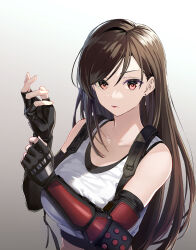 Rule 34 | 1girl, black gloves, bracer, breasts, brown eyes, closed mouth, crop top, earrings, final fantasy, final fantasy vii, final fantasy vii remake, fingerless gloves, gloves, hands up, highres, hirono (hxze4434), jewelry, large breasts, long hair, looking at viewer, midriff, red eyes, solo, suspenders, tank top, tifa lockhart, upper body, white tank top