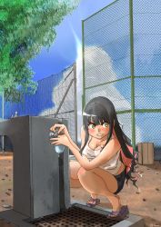 Rule 34 | 1girl, alternate costume, black hair, blue shorts, blue sky, chain-link fence, cloud, commentary request, day, faucet, fence, green eyes, highres, kachi (kachi5100), kantai collection, long hair, multicolored hair, naganami (kancolle), outdoors, pink hair, sandals, shorts, sky, solo, tank top, tree, two-tone hair, water balloon, wavy hair