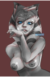 Rule 34 | 1girl, ahsoka tano, arm behind back, arms up, blue eyes, breasts, brown background, facial tattoo, female focus, greyscale, hardmode nrg, hardmodenrg, lips, looking at viewer, monochrome, nipples, nude, ringed eyes, simple background, solo, star wars, star wars: the clone wars, tattoo, teeth, togruta, upper body