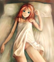 Rule 34 | 1girl, bed, bottomless, clitoris, fg, green eyes, highres, looking at viewer, lying, no panties, pussy, red hair, solo, uncensored
