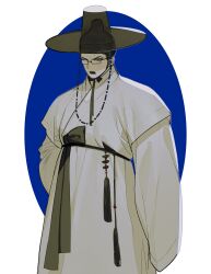 Rule 34 | 1boy, black headwear, blue background, furrowed brow, gat (korean traditional hat), grey eyes, grey hanbok, hair bun, hanbok, highres, korean clothes, korean commentary, long sleeves, looking at viewer, male focus, open mouth, original, oval background, sasi mozzi1, see-through headwear, simple background, solo, standing, upper body, wide sleeves