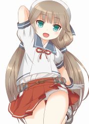Rule 34 | 1girl, blue eyes, blunt bangs, blush, dolphin, gloves, hat, highres, hip vent, kantai collection, light brown hair, long hair, low twintails, mikura (kancolle), open mouth, panties, pleated skirt, puffy short sleeves, puffy sleeves, red skirt, sailor collar, sailor hat, school uniform, serafuku, short sleeves, simple background, skirt, soba (sobaya1938), solo, twintails, underwear, white background, white gloves, white panties