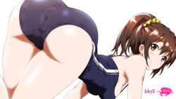 Rule 34 | 1girl, all fours, ass, from behind, huge ass, looking at viewer, looking back, mizuki makoto, niimi haruka (photokano), one-piece swimsuit, photokano, ponytail, school swimsuit, simple background, solo, swimsuit, white background