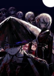 Rule 34 | 3boys, 3girls, black hair, black necktie, black robe, blonde hair, blood, blood on clothes, blood on face, blue eyes, collared shirt, don quixote (project moon), faust (project moon), highres, limbus company, medium hair, meursault (project moon), moon, multiple boys, multiple girls, necktie, outis (project moon), pmchell 04, project moon, robe, shirt, short hair, sinclair (project moon), sword, weapon, white hair, white shirt, yellow eyes, yi sang (project moon)