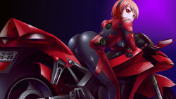 Rule 34 | 1girl, armor, ass, biker clothes, bikesuit, bodysuit, breasts, cameltoe, covered erect nipples, from behind, from below, gatakk, gloves, gradient background, looking at viewer, looking back, looking down, motor vehicle, motorcycle, original, red eyes, red hair, shiny clothes, short hair, skin tight, solo, underboob