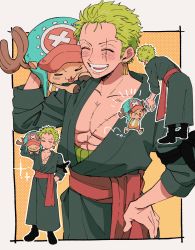 Rule 34 | 1boy, abs, antlers, carrying over shoulder, chibi, closed eyes, earrings, framed, green hair, green kimono, hand on own hip, hat, highres, holding, horns, japanese clothes, jewelry, kimono, male focus, one piece, open mouth, orange background, pectoral cleavage, pectorals, reindeer, roronoa zoro, running, scar, scar across eye, scar on chest, short hair, smile, sparkle, ten05612, tongue, tongue out, tony tony chopper