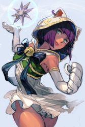 Rule 34 | 1girl, alternate costume, animal hands, animal hood, blunt bangs, capcom, cat hood, closed mouth, cowboy shot, dress, gloves, green eyes, grey background, hood, hood up, hungry clicker, looking at viewer, menat, paw gloves, purple hair, short dress, simple background, smile, solo, standing, street fighter, street fighter v, white dress