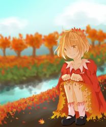 Rule 34 | 1girl, aki shizuha, ankle socks, autumn, autumn leaves, bad id, bad pixiv id, blonde hair, blue sky, blurry, clenched hands, cloud, collarbone, day, depth of field, dress, hair ornament, hands on own knees, highres, hinamichi., leaf, leaf hair ornament, long sleeves, looking down, mary janes, shoes, short hair, sky, smile, socks, solo, squatting, stream, touhou, tree, yellow eyes