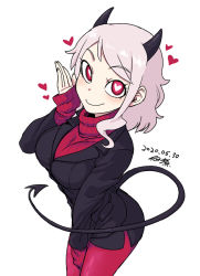1girl, between legs, black horns, black miniskirt, black suit, black tail, blush, breasts, dated, demon girl, demon horns, demon tail, hand between legs, heart, heart-shaped pupils, helltaker, horns, large breasts, looking at viewer, medium hair, miniskirt, modeus (helltaker), pantyhose, red legwear, red sweater, ribbed sweater, side slit, signature, silver hair, sleeves past wrists, smile, solo, sweater, symbol-shaped pupils, tail, taut clothes, tsukudani (coke-buta), turtleneck, turtleneck sweater, white background