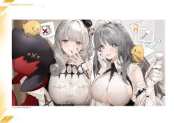 Rule 34 | 2girls, animal, azur lane, bird, breast pocket, breasts, buttons, character name, charybdis (azur lane), fingernails, gloves, grey eyes, grey hair, hair bun, hair ornament, hand up, highres, holding, hougu souji, large breasts, long hair, looking at viewer, luetzow (azur lane), maid, maid headdress, manjuu (azur lane), mimikaki, multiple girls, non-web source, official art, open mouth, page number, parted lips, pocket, single hair bun, sleeveless, smile, stuffed toy, upper body, white gloves