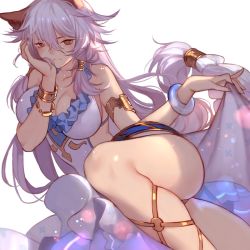 Rule 34 | 10s, 1girl, animal ears, armlet, blush, bracelet, breasts, brown eyes, cat ears, cleavage, collarbone, dress, erune, fox ears, granblue fantasy, hair between eyes, hair tubes, hand on own cheek, hand on own face, heles, heles (summer) (granblue fantasy), jewelry, joseph lee, large breasts, long hair, looking at viewer, lying, on side, see-through, silver hair, simple background, skindentation, smile, solo, thighs, very long hair, white background, white dress