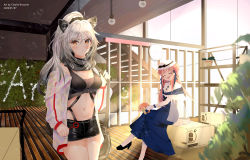 Rule 34 | 2girls, :d, ^ ^, absurdres, animal ear fluff, animal ears, arknights, bad id, bad pixiv id, bag, bare shoulders, black footwear, black scarf, black shorts, blue dress, blue feathers, box, breasts, brown eyes, cat ears, ceylon (arknights), chinese commentary, clock, closed eyes, commentary request, cowboy shot, crop top, dated, double bun, dress, feather hair, feathers, hair between eyes, hair bun, head tilt, high heels, highres, holding, indoors, jacket, long hair, looking at viewer, medium breasts, midriff, multiple girls, navel, off shoulder, open mouth, pantyhose, penguin logistics logo, pink hair, plant, potted plant, scarf, schwarz (arknights), shirt, short shorts, shorts, silver hair, sitting, smile, standing, stomach, thighs, v-shaped eyebrows, white headwear, white jacket, white legwear, white shirt, zhuangfei chali bulangni