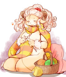 Rule 34 | 1girl, breasts, closed eyes, female focus, full body, furry, furry female, knitting, long hair, nude, open mouth, pink hair, setouchi kurage, sheep, solo, white background