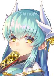 Rule 34 | 1girl, aqua hair, blush, closed mouth, fate/grand order, fate (series), folding fan, gold, hand fan, horns, kiyohime (fate), lips, long hair, looking at viewer, minamo25, simple background, smile, solo, straight hair, upper body, white background, yellow eyes