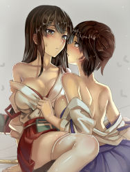Rule 34 | 10s, 2girls, akagi (kancolle), arm support, back, bare back, bare shoulders, blush, bow (weapon), breast press, breasts, breasts out, brown eyes, brown hair, clothes grab, collarbone, couple, eye contact, female focus, half-closed eyes, imminent kiss, japanese clothes, kaga (kancolle), kantai collection, large breasts, legs, lips, long hair, looking at another, multiple girls, off shoulder, parted lips, quiver, shiny skin, short hair, side ponytail, sideboob, simple background, sweat, thighhighs, undressing, walzrj, weapon, white legwear, yuri