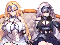 Rule 34 | 2girls, armor, armored dress, bare shoulders, blonde hair, blue eyes, blush, breasts, chain, clothing cutout, commentary request, cup, drinking, elbow gloves, fate/apocrypha, fate/grand order, fate (series), fur trim, gauntlets, gloves, headpiece, jeanne d&#039;arc (fate), jeanne d&#039;arc (ruler) (fate), jeanne d&#039;arc (third ascension) (fate), jeanne d&#039;arc alter (avenger) (fate), jeanne d&#039;arc alter (avenger) (third ascension) (fate), jeanne d&#039;arc alter (fate), large breasts, long hair, looking at viewer, multiple girls, navel, ninoude (ninoude44), silver hair, sitting, smile, thighs, white background, yellow eyes